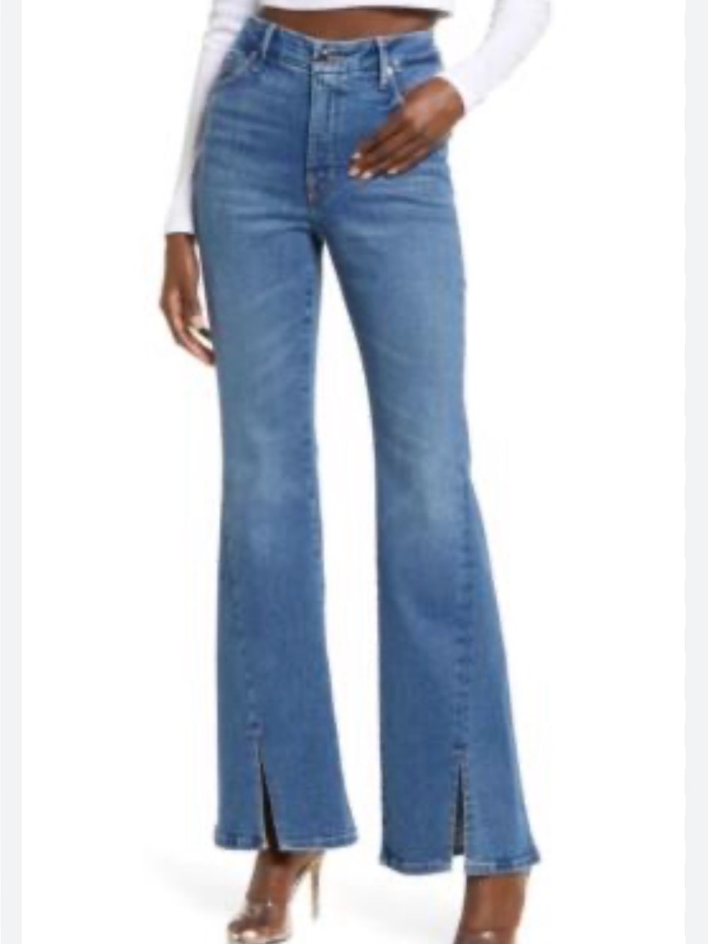 Good American Split Twist Hem Med Wash Flare Jeans in Women’s 8/29